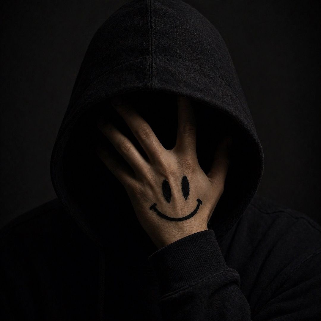 Le visuel d’Alvé : une silhouette à capuche, le visage couvert par une main portant un sourire dessiné.